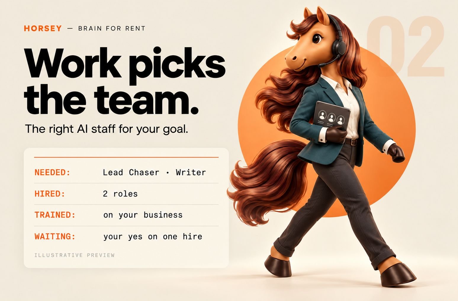 Work picks the team: Horsey proposes the AI employees your business needs. You approve the hire. Illustrative product preview.